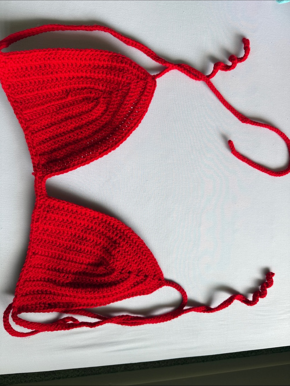 Handmade Red Crochet Triangle Bikini Top - Women Swim
